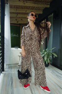 vivy leopard button down shirt set (long pants)