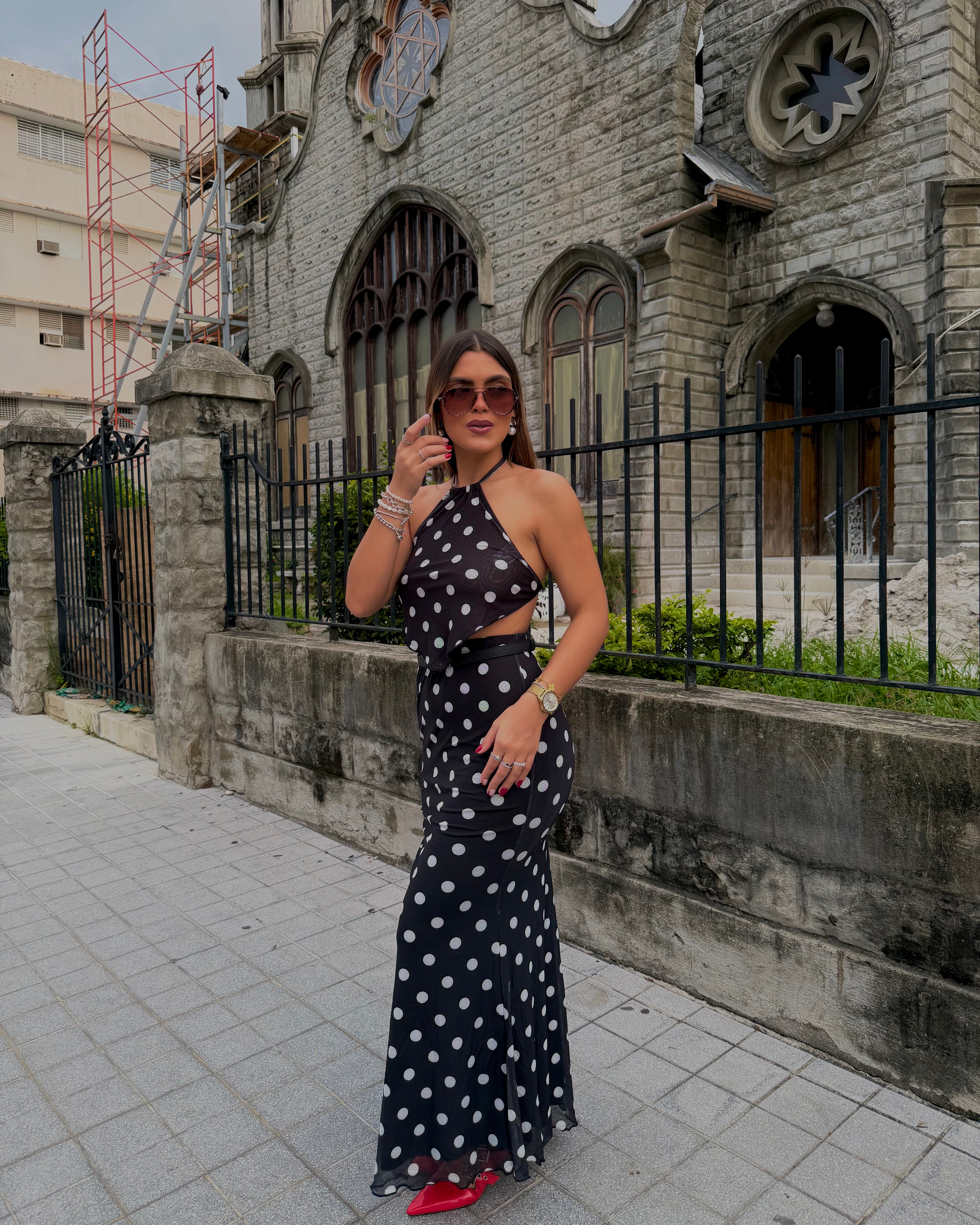 enriquetta midi polka dot skirt set