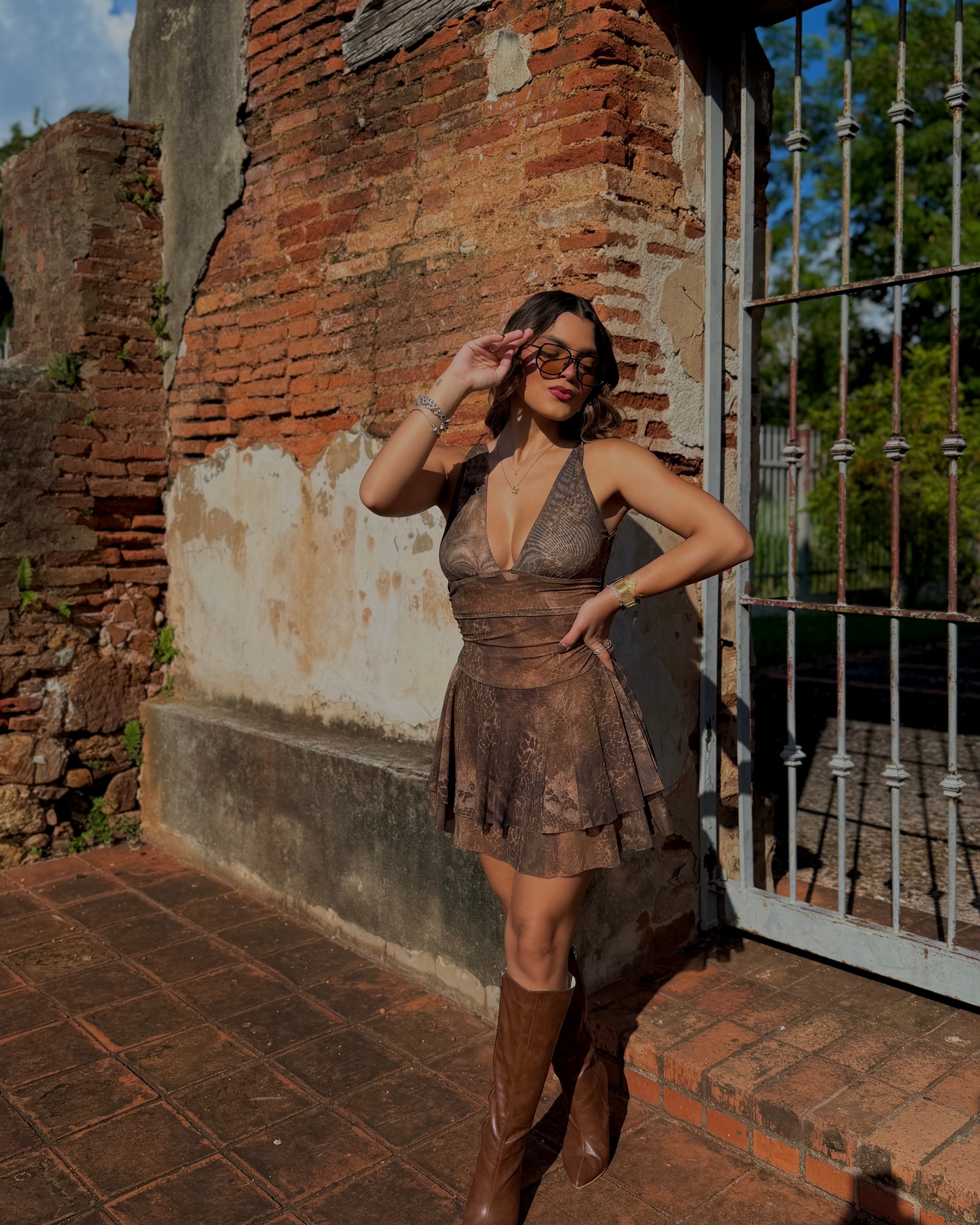 colette espresso ruffle mesh dress