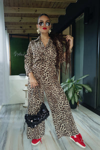 vivy leopard button down shirt set (long pants)