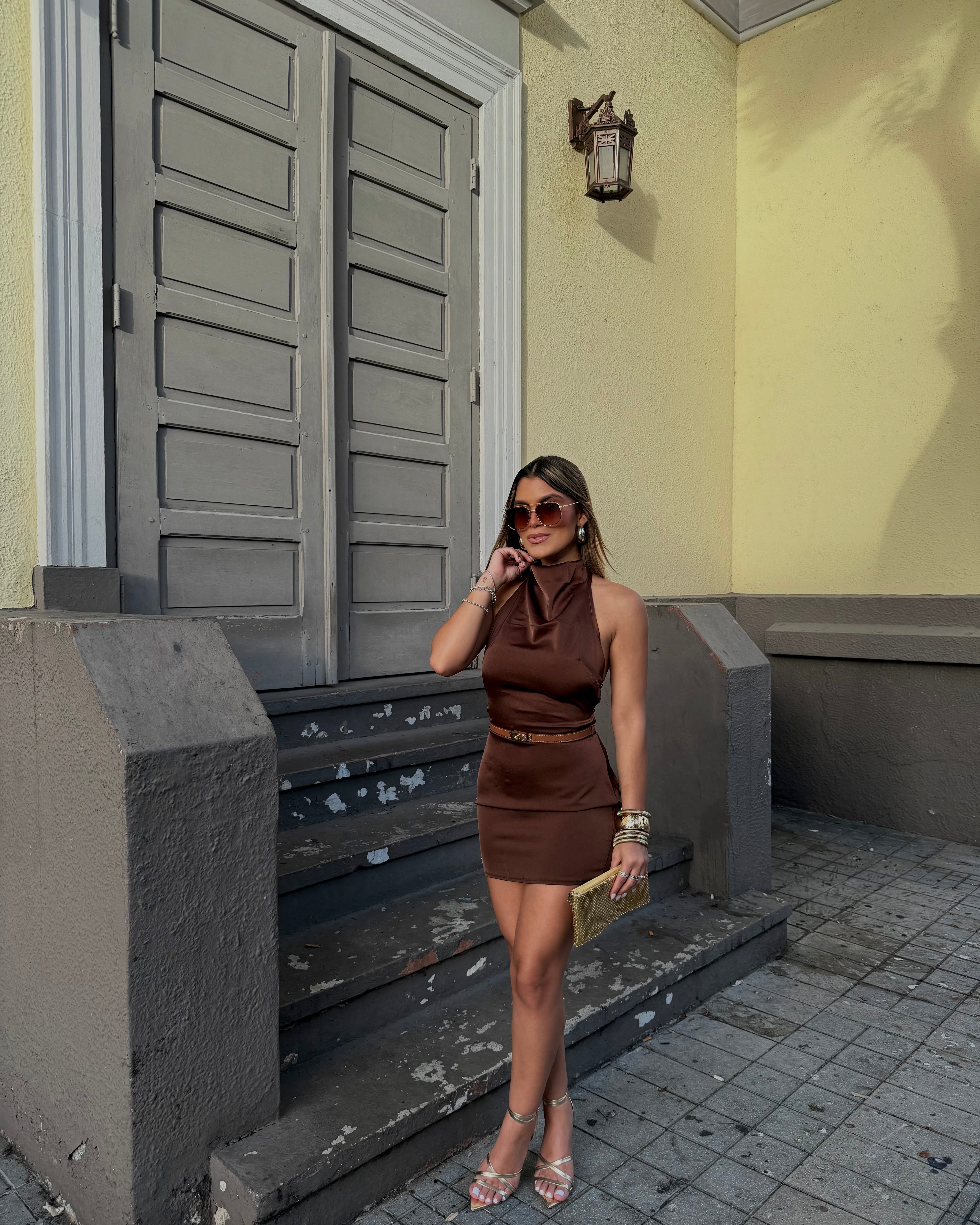 timnna draped neckline satin dress