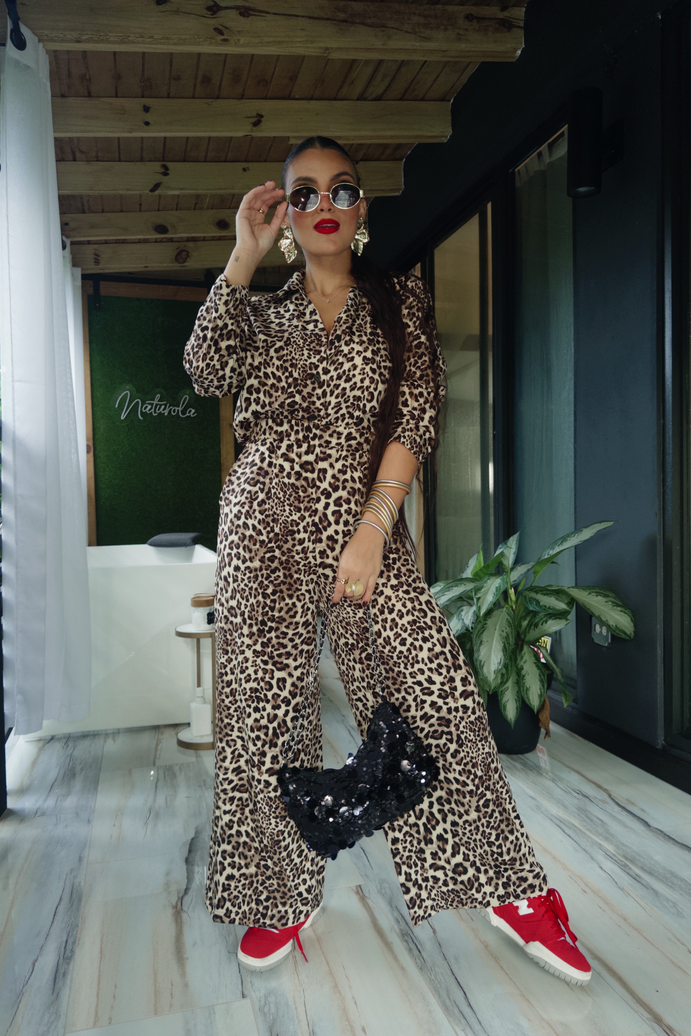 vivy leopard button down shirt set (long pants)