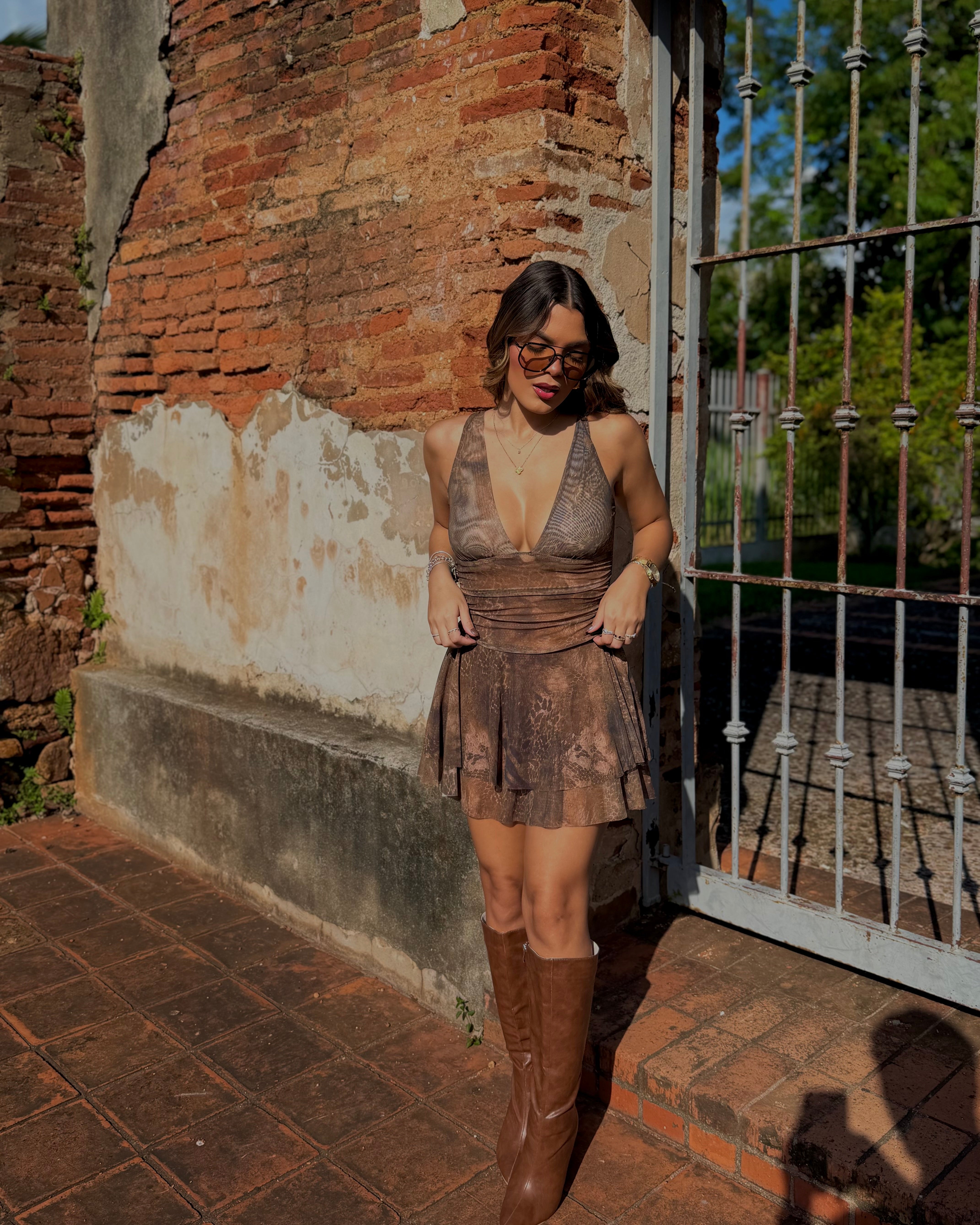 colette espresso ruffle mesh dress