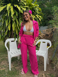 eleanne button down shirt set fucsia