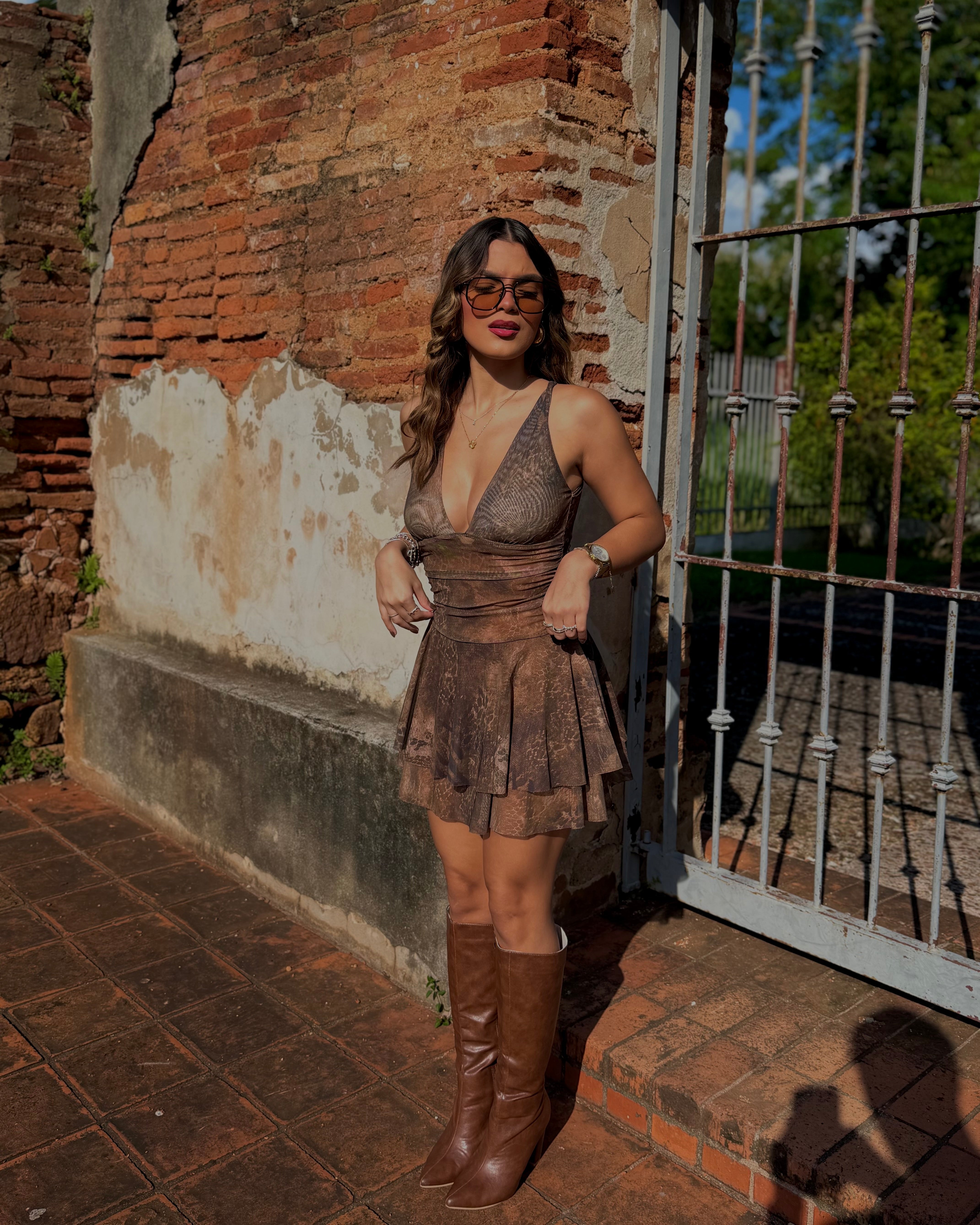 colette espresso ruffle mesh dress