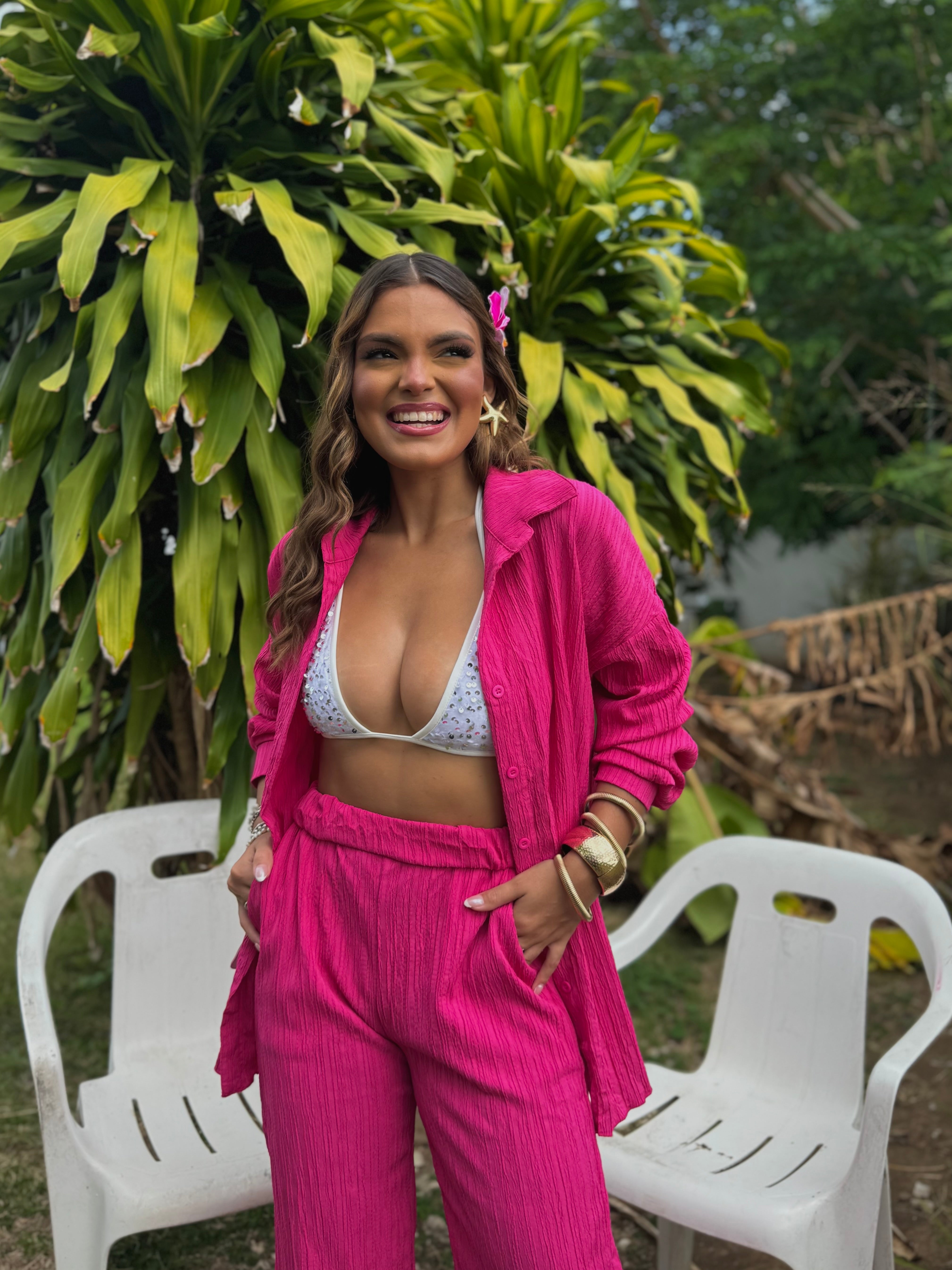 eleanne button down shirt set fucsia