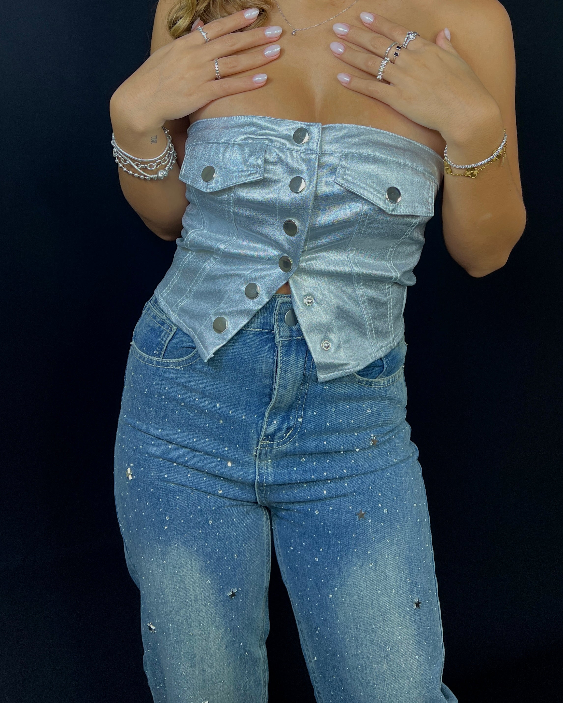 tareen metallic strapless top