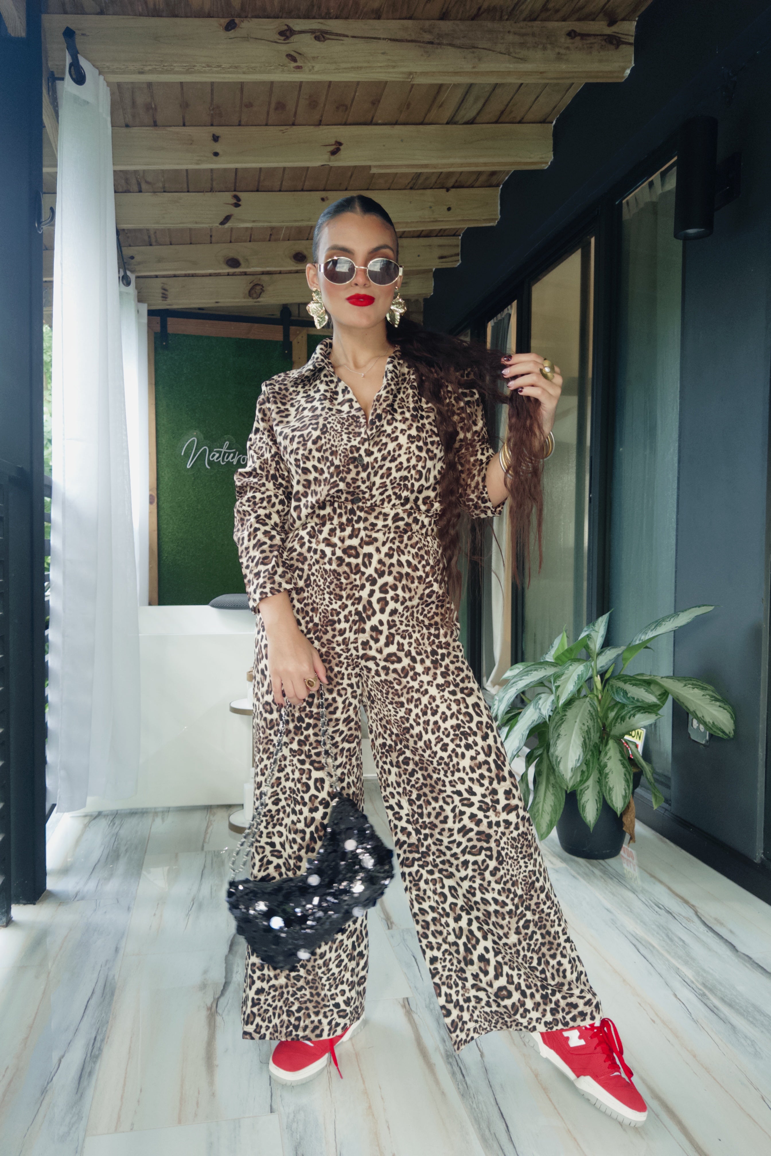 vivy leopard button down shirt set (long pants)