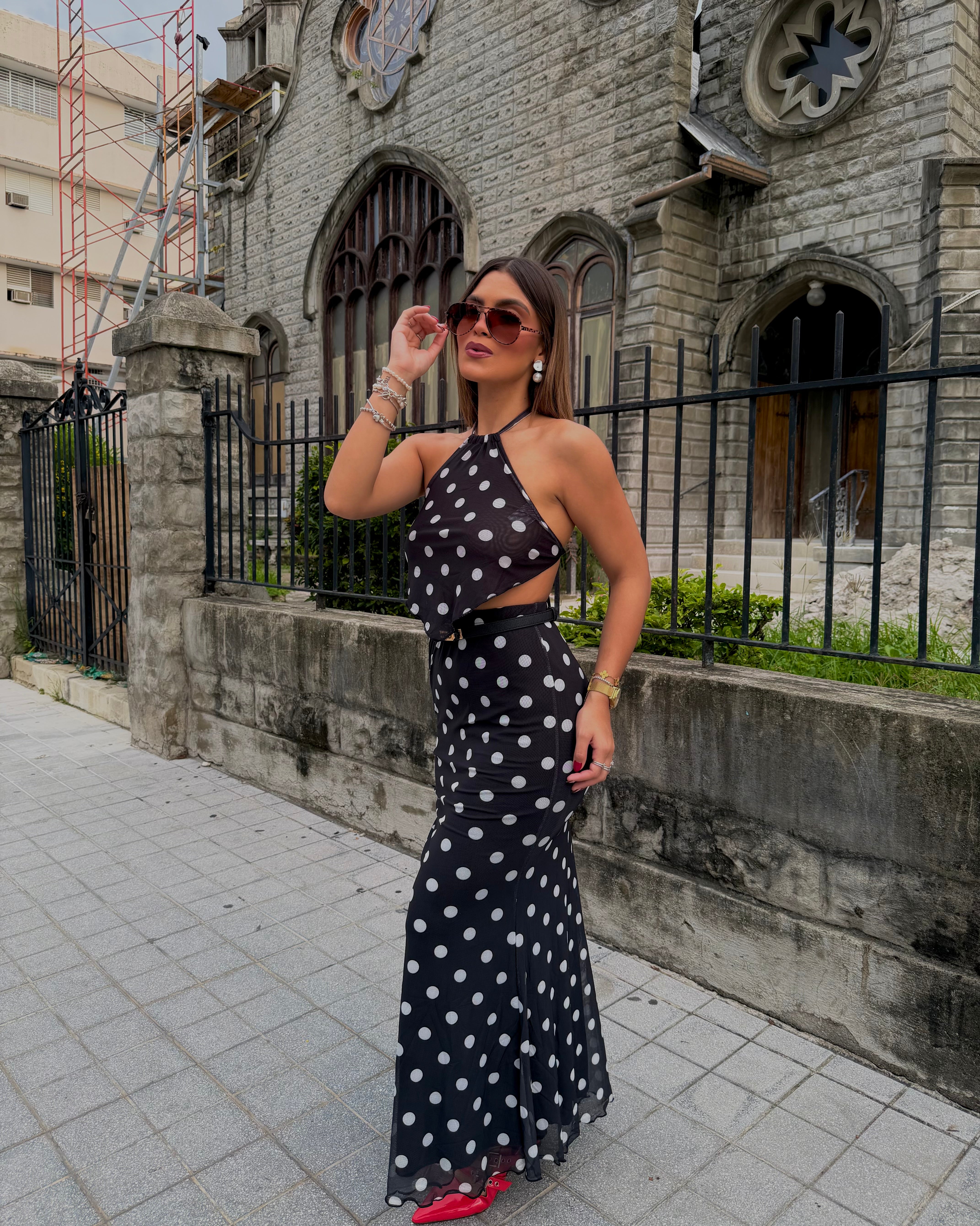 enriquetta midi polka dot skirt set