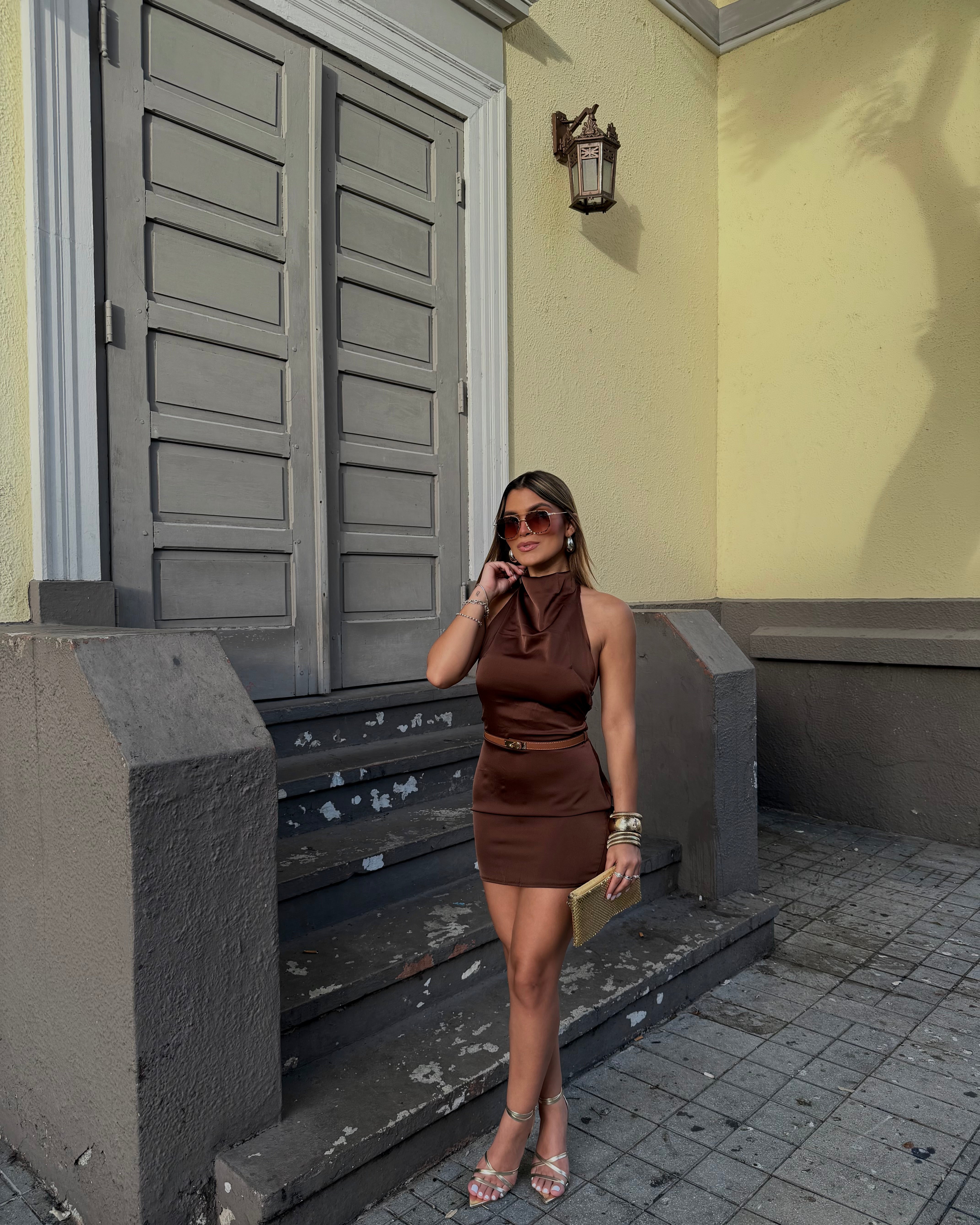 timnna draped neckline satin dress