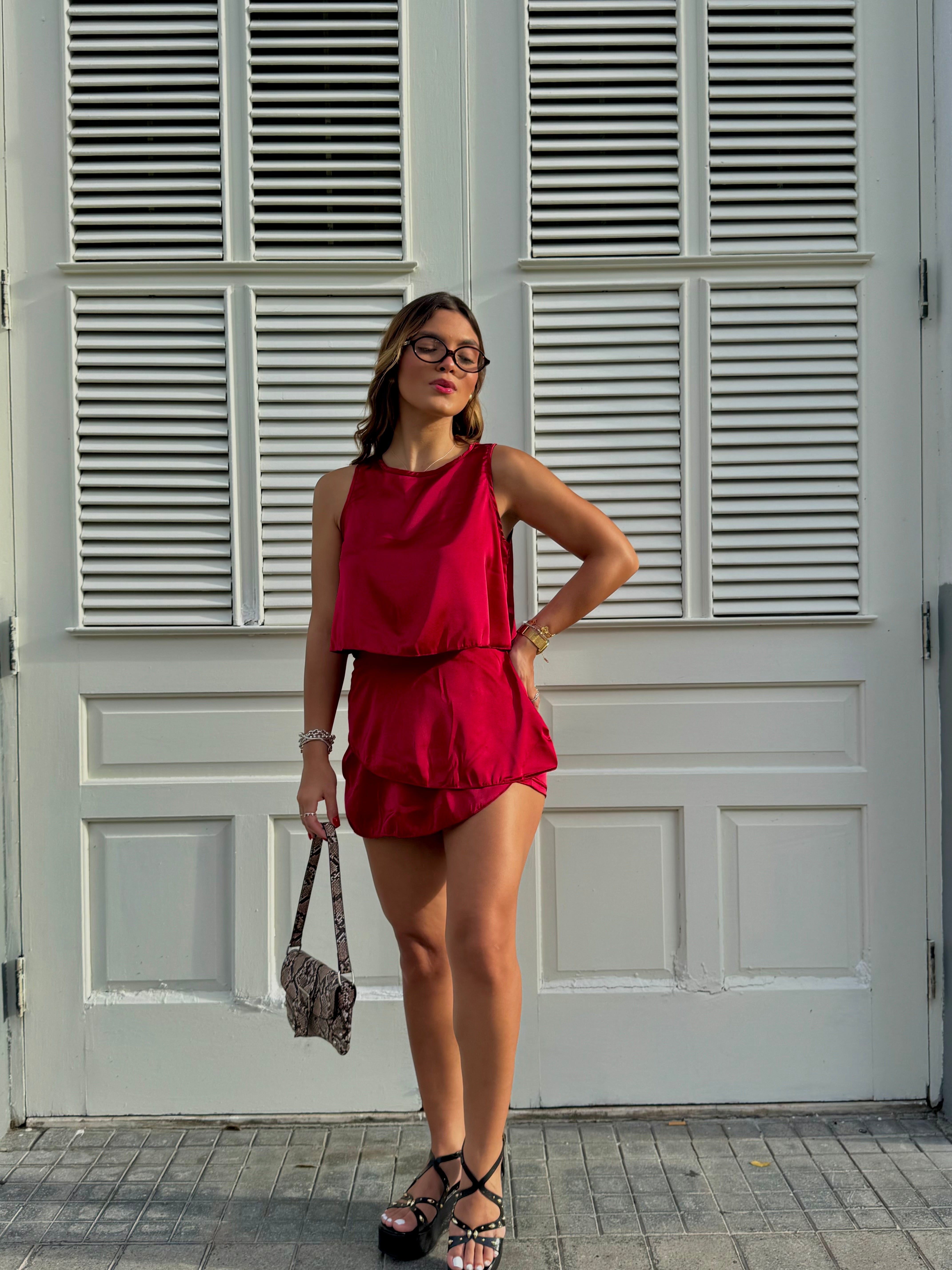gipsy burgundy satin skort set