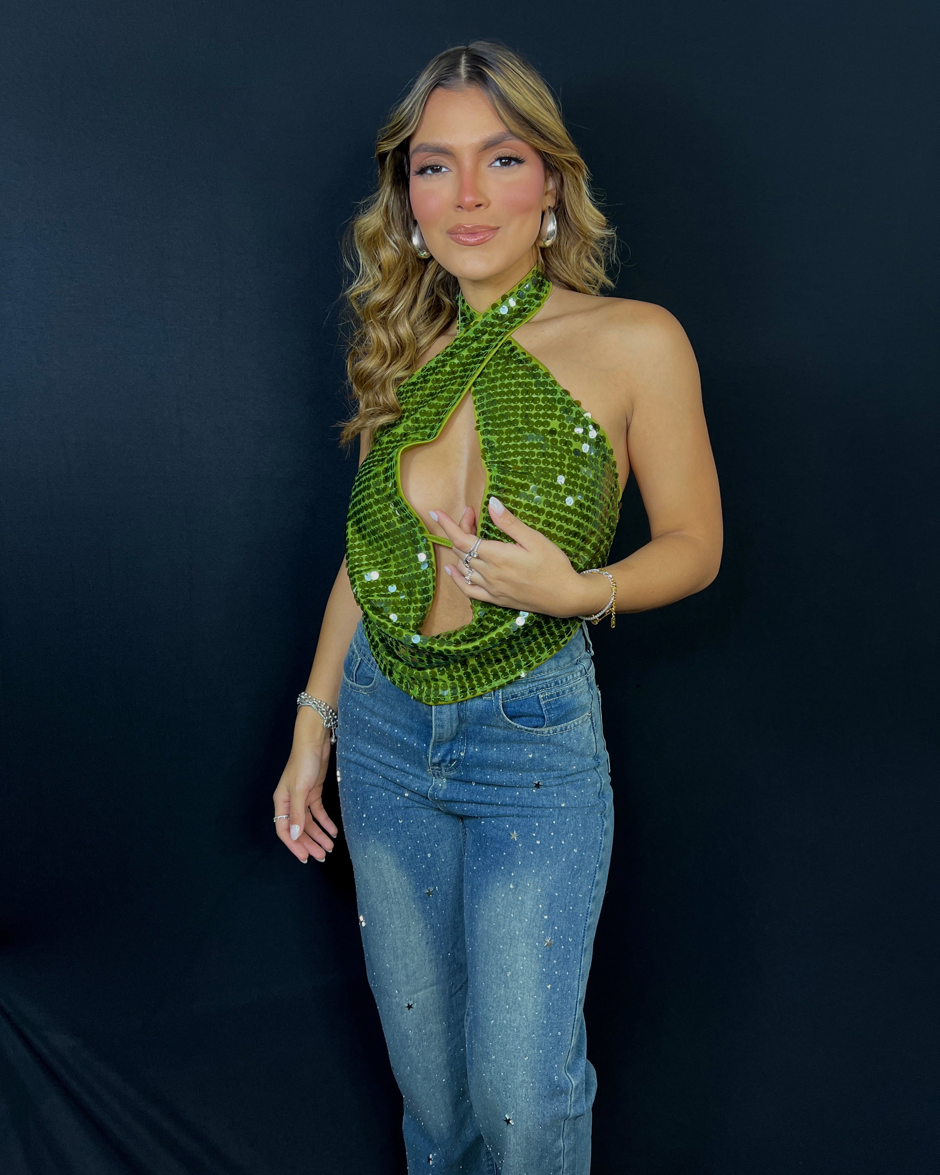 tareen olive sequins top