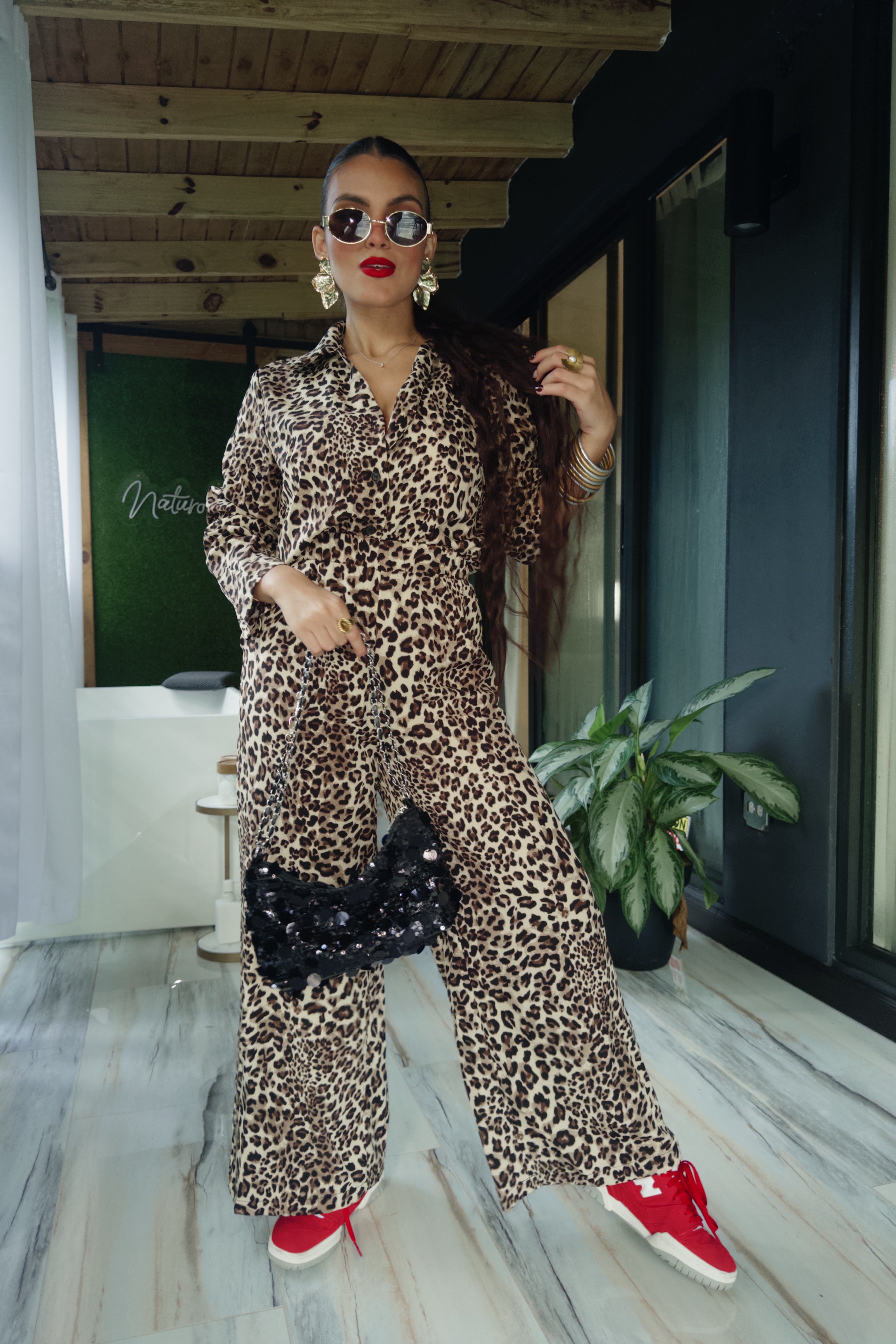 vivy leopard button down shirt set (long pants)