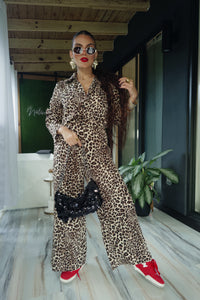 vivy leopard button down shirt set (long pants)