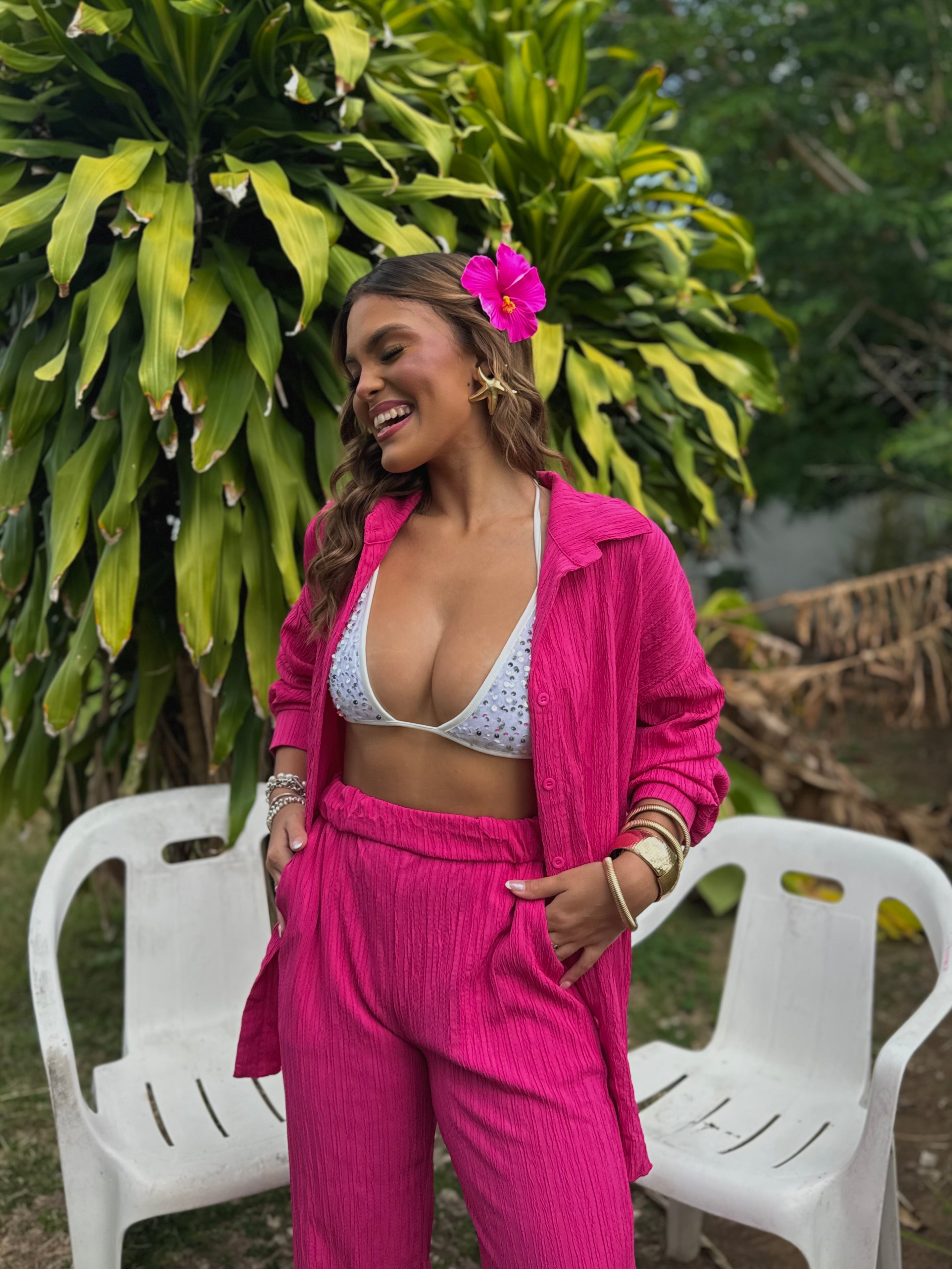 eleanne button down shirt set fucsia