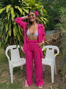 eleanne button down shirt set fucsia