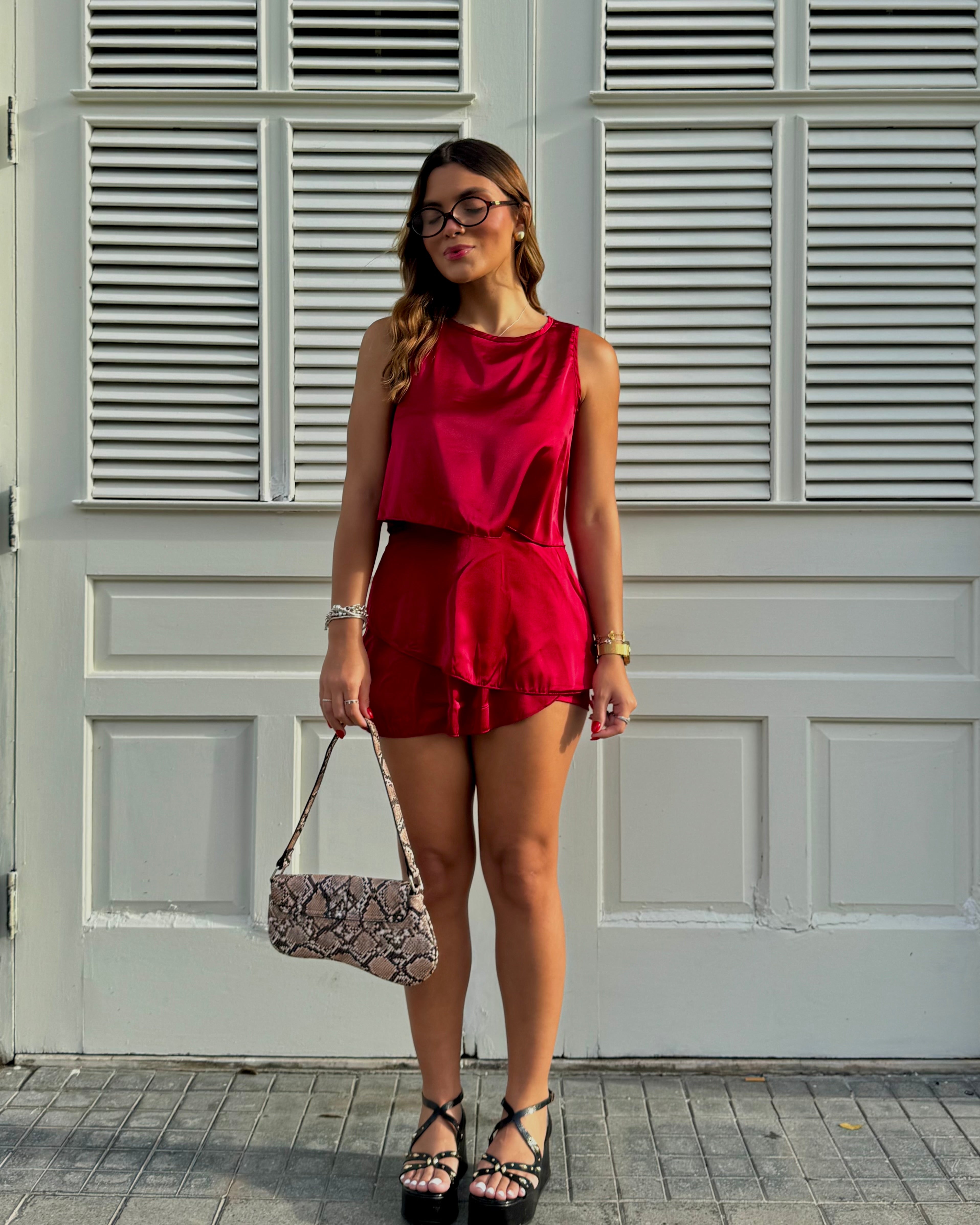 gipsy burgundy satin skort set