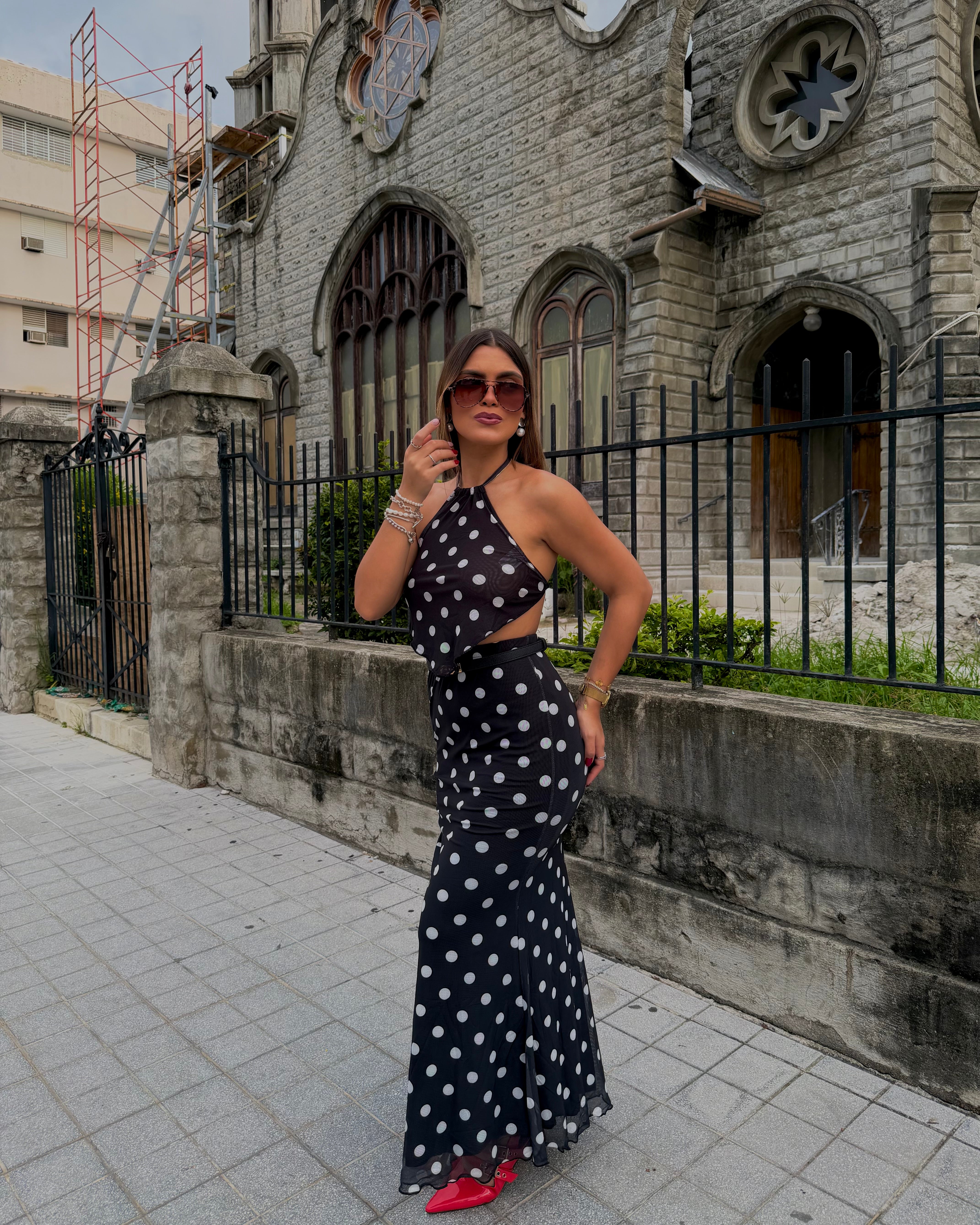 enriquetta midi polka dot skirt set